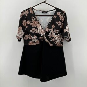 Bloomchic Floral Twist Front Peplum Blouse Black Tan 12 Office Neutral Feminine